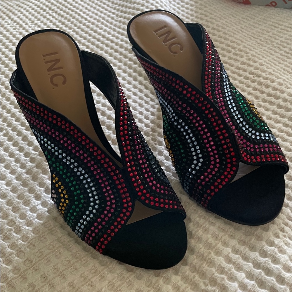 INC International Concepts Black Multicolor Crystal Embellished Open-Toe Heels
